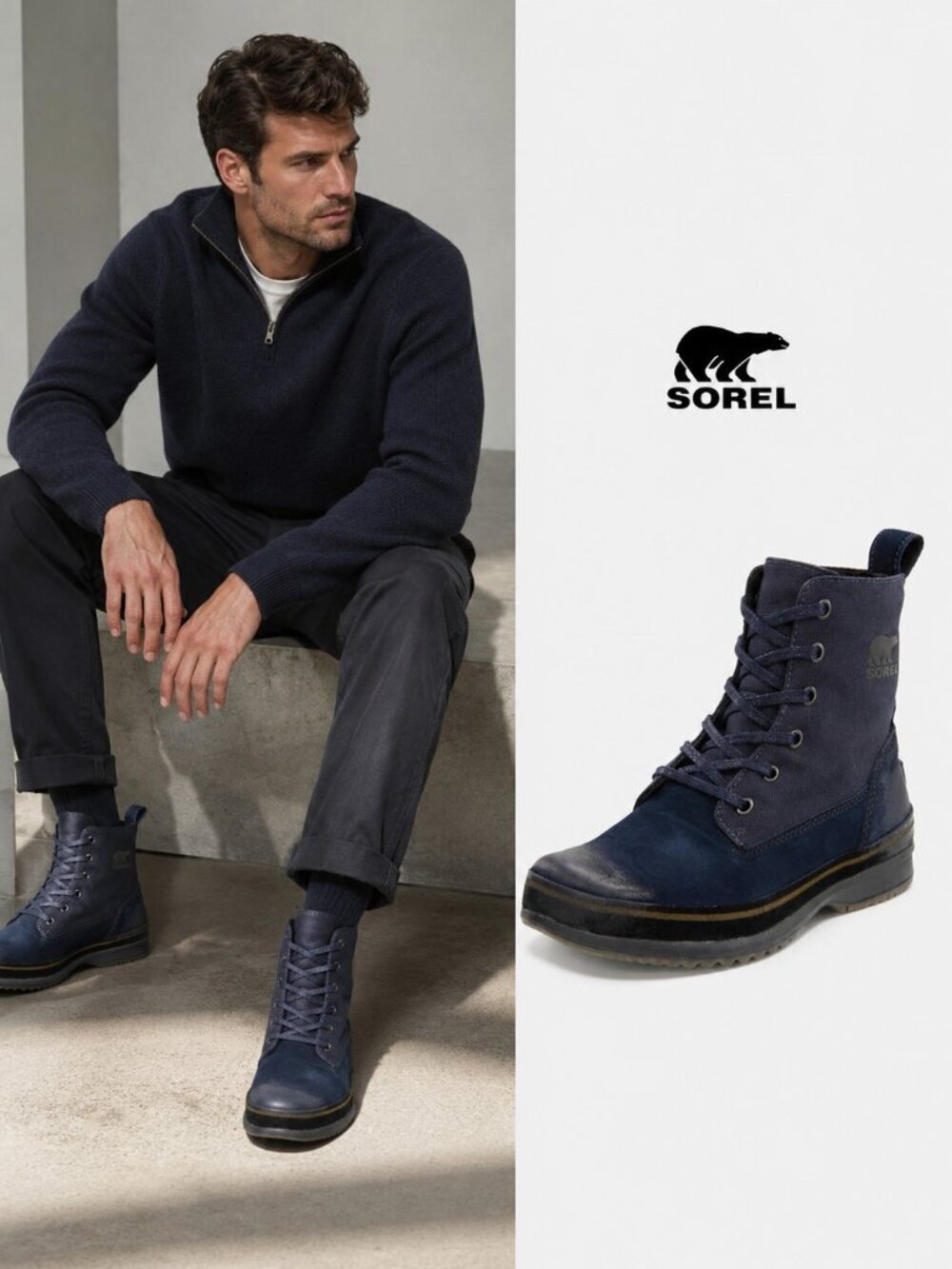 Sorel Woodbine Surplus NM1783 Men's Boots Size 13 Navy Leather Canvas Lace Up